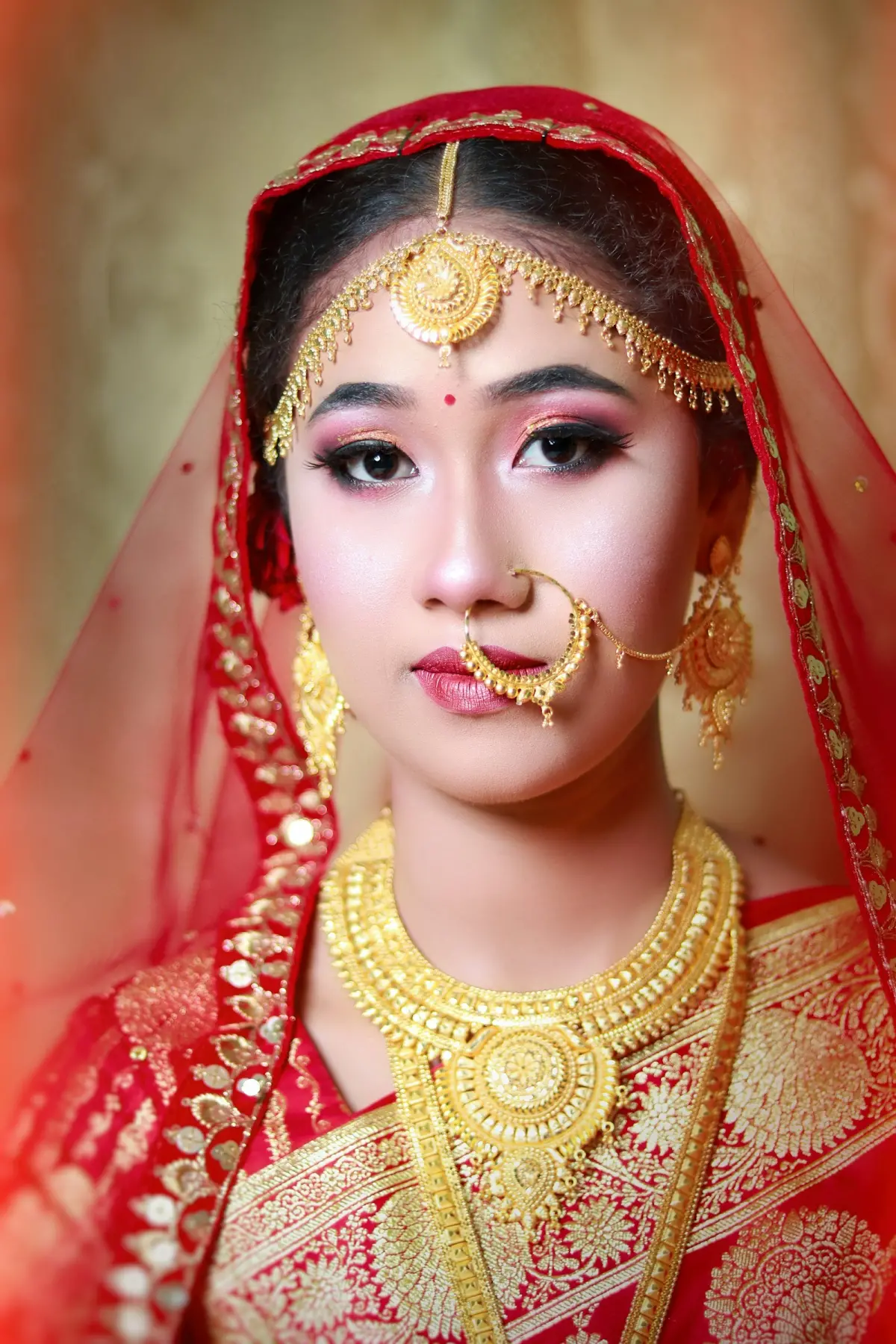 লাল শাড়ি ও গয়না পরা কনের পোর্ট্রেট ছবি