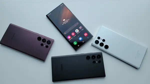 Three Samsung Galaxy Ultra phones showing their rear cameras and screen