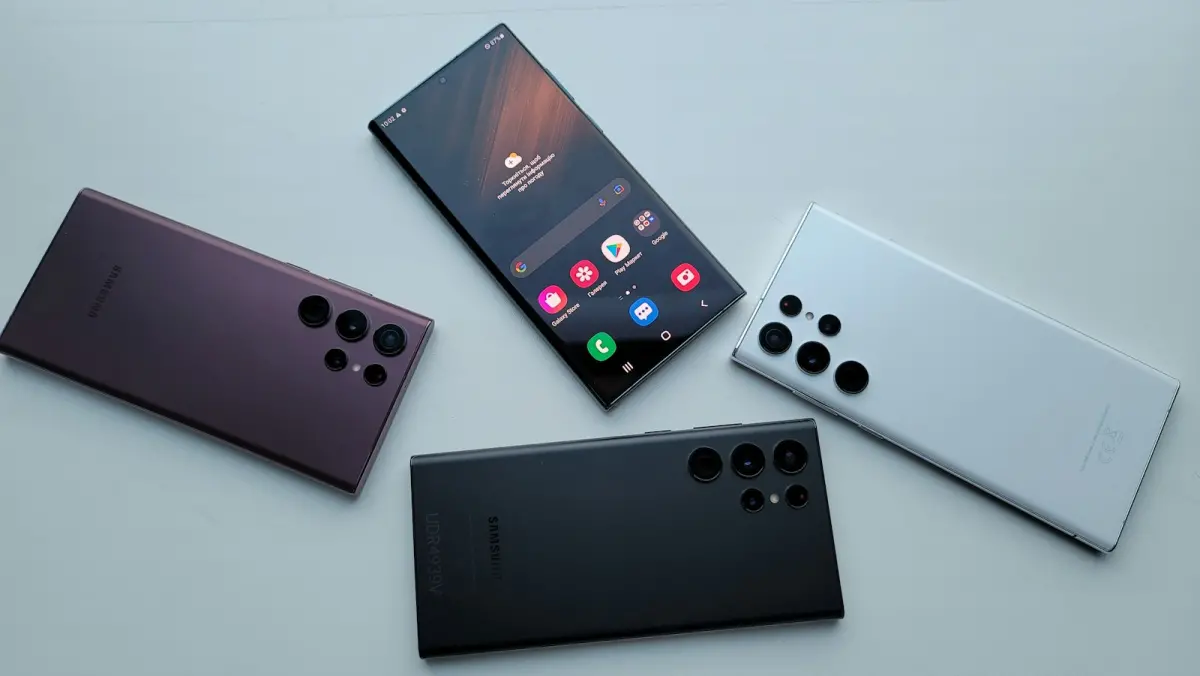 Three Samsung Galaxy Ultra phones showing their rear cameras and screen