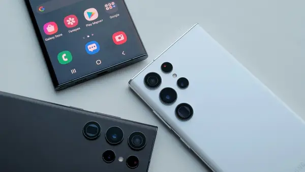 Two Samsung Galaxy Ultra phones placed side by side showing their rear cameras